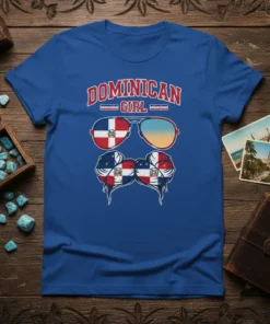 Dominican Girl t-shirt design with sunglasses featuring the Dominican Republic flag and patriotic imagery