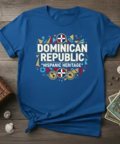 Dominican Republic Hispanic Heritage T-Shirt with bold text and colorful geometric patterns, featuring the Dominican flag and globe icons