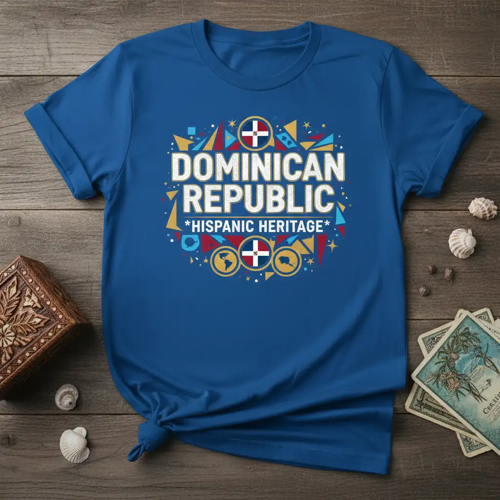 Dominican Republic Hispanic Heritage T-Shirt featuring bold white lettering and a colorful geometric background, showcasing national pride