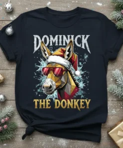 Dominick The Donkey Christmas T-Shirt with a geometric donkey wearing a Santa hat and sunglasses