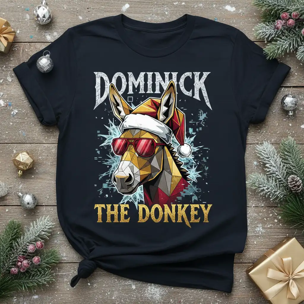 Dominick The Donkey Christmas shirt featuring a geometric donkey with Santa hat and cool sunglasses