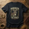 Dominick The Donkey text design featuring a donkey portrait with ornamental frame, on a navy t-shirt