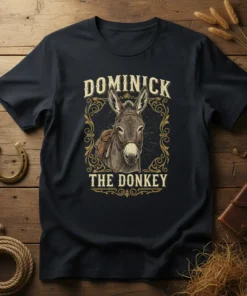 Dominick The Donkey text design featuring a donkey portrait with ornamental frame, on a navy t-shirt