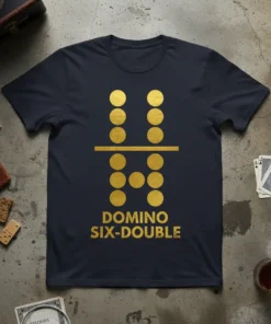 Domino Six-Double t-shirt featuring a gold foil design of a double six domino tile and text