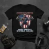 Black t-shirt with "DONALD PUMP MAKE AMERICA SWOLE AGAIN" text and a muscular figure lifting weights in front of an
