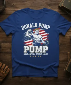 Donald Pump Pump Make America Strong Again T-Shirt with muscular graphic and American flag