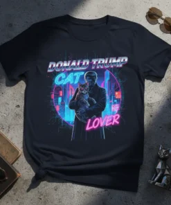 Donald Trump Cat Lover graphic t-shirt featuring a retro neon city design and the text "Donald Trump Cat Lover"