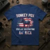 Donkey Pox Disease Destroying America text with a donkey graphic and US flag on a navy blue t-shirt