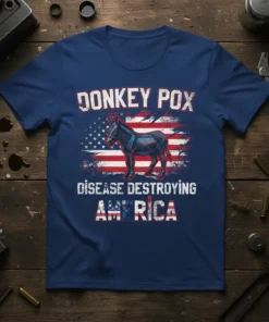 Donkey Pox Disease Destroying America text with a donkey graphic and US flag on a navy blue t-shirt