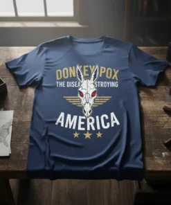 Donkey Pox The Disease Destroying America t-shirt design with a skull donkey graphic and distressed text