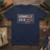 Donnelly 2018 U.S. Senate campaign t-shirt with vintage distressed text and American flag graphic