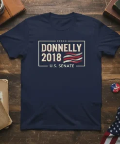 Donnelly 2018 U.S. Senate campaign t-shirt with vintage distressed text and American flag graphic