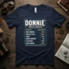 Donnie Serving Size 1 Awesome Man t-shirt with attributes list: Hard Working, Unrivaled Skill, Funny, Wrong Answers, Flatulence, Good Looking