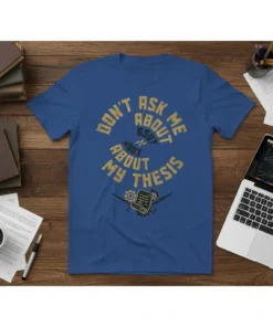 Blue t-shirt with yellow text that reads "DON'T ASK ME ABOUT ASUT ABUT MY THESIS" and academic graphics, including a