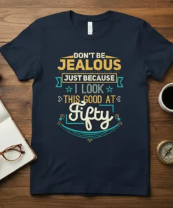 Don't Be Jealous Just Because I Look This Good At Fifty text design on a navy t-shirt, featuring vintage-style typography