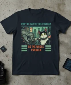 T-shirt featuring a cyberpunk cat and a robotic fist with the quote "Don't Be Part Of The Problem Be The