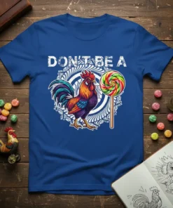Blue t-shirt with "Don't Be A Chicken" text, a colorful rooster, and a lollipop graphic