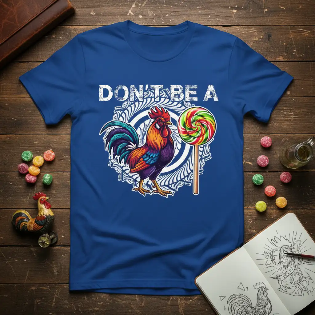 Don't Be A Chicken text with colorful rooster and lollipop graphic on a blue tee