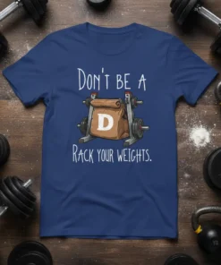 Don't Be A D Rack Your Weights funny gym t-shirt with a brown paper lunch bag on a weight rack
