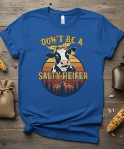 Don't Be A Salty Heifer retro sunset cow t-shirt design with yellow bandana