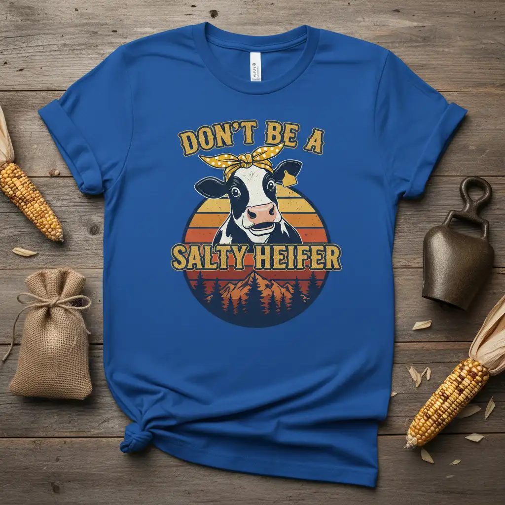 Don't Be A Salty Heifer humorous cow graphic with retro sunset design