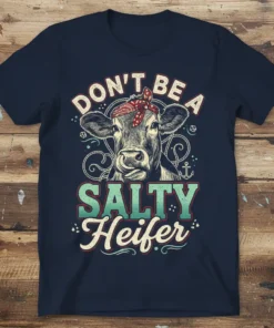 DON'T BE A SALTY Heifer text with a cow wearing a bandana graphic on a navy t-shirt