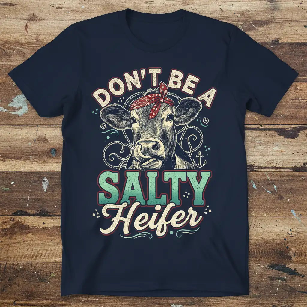 DON'T BE A SALTY Heifer quote with a bandana-wearing cow illustration on a navy tee