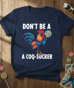 Don't Be A A Coq-Sucker text with a colorful rooster holding a lollipop graphic on a navy t-shirt