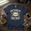 Don't Bother Me Right Meow funny cat pirate t-shirt design with crossed swords and grumpy cat graphic