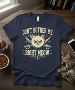 Don't Bother Me Right Meow funny cat pirate t-shirt design with crossed swords and grumpy cat graphic