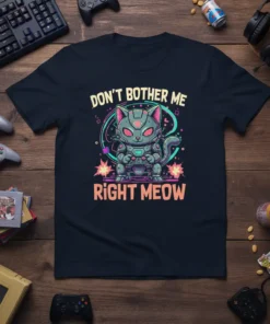 Don't Bother Me Right Meow text with a robotic cat holding a game controller on a navy t-shirt
