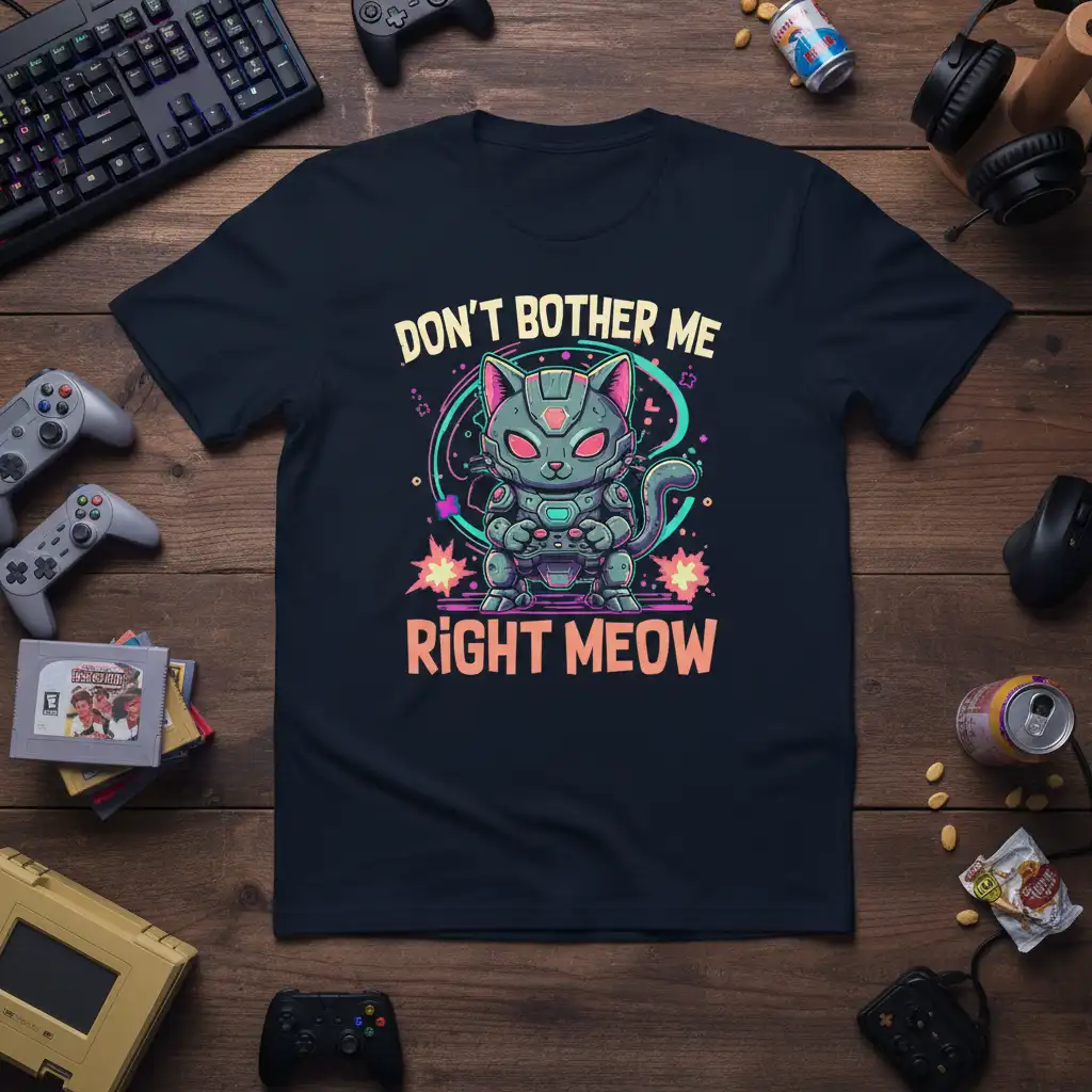Don't Bother Me Right Meow text with robotic cat gaming graphic on a dark t-shirt