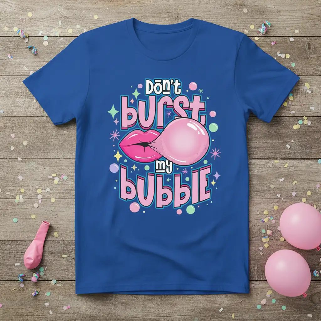Don't burst my bubble quote featuring playful pink lips blowing bubble gum on a graphic t-shirt