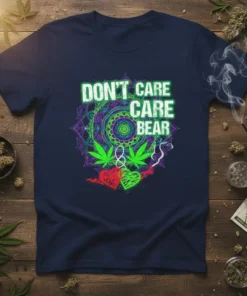 Don't Care Care Care Bear quote with cannabis leaves and psychedelic mandala on a navy t-shirt