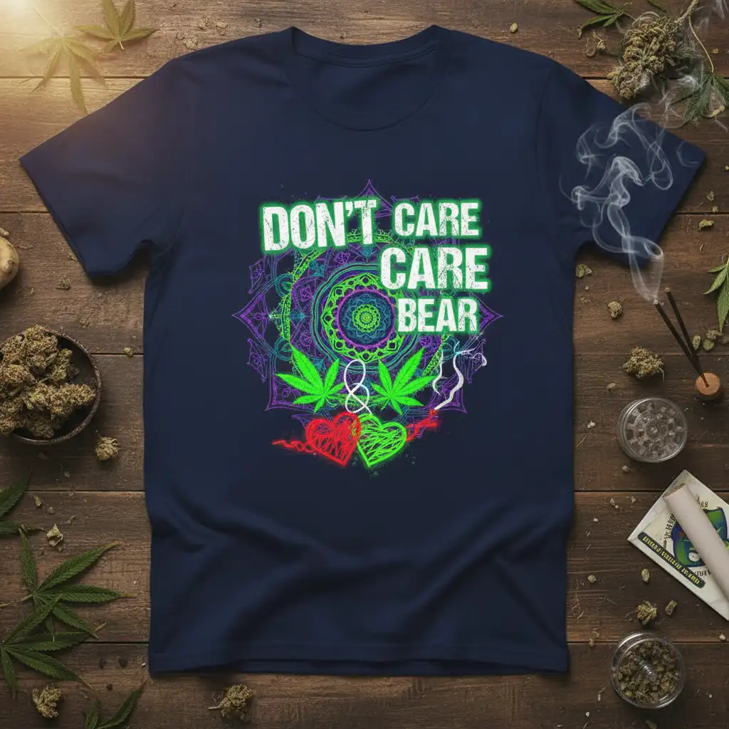 Don't Care Care Care Bear quote with cannabis leaves and psychedelic mandala on navy tee