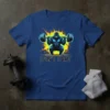 DON'T FART text with a muscular gorilla lifting weights, blue t-shirt design, bright yellow background