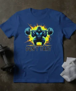 DON'T FART text with a muscular gorilla lifting weights, blue t-shirt design, bright yellow background