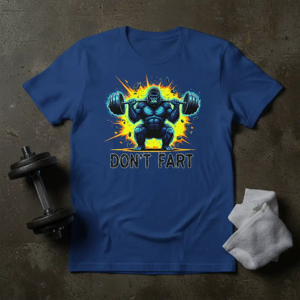 Funny DON'T FART text and muscular gorilla lifting weights on a t-shirt graphic