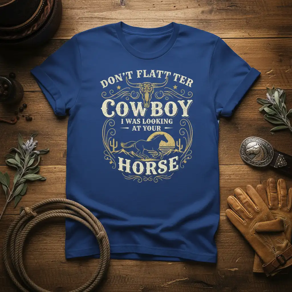 Don't Flatter Cowboy I Was Looking At Your Horse quote t-shirt with rustic western graphic and bull skull