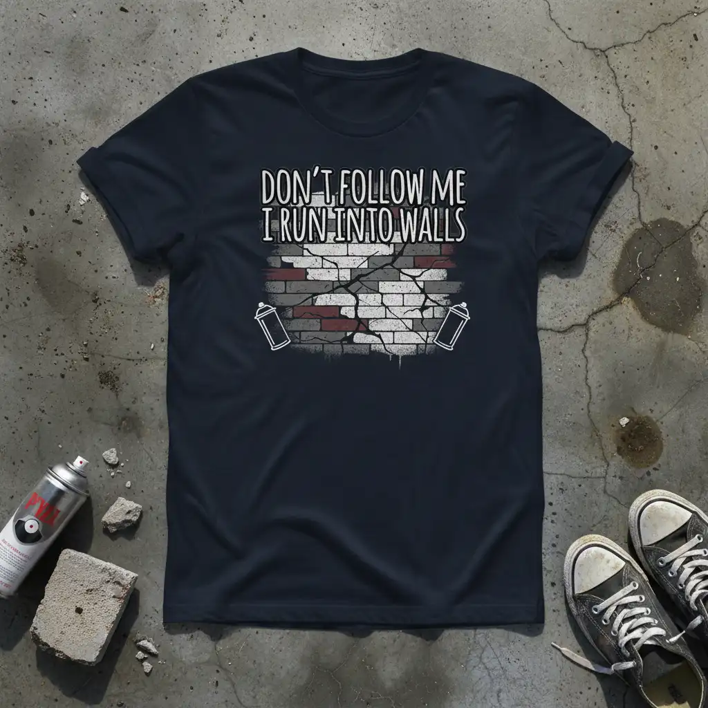 Don't Follow Me I Run Into Walls humorous quote tee with cracked brick graphic