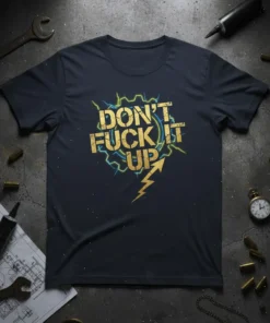 Don't Fuck It Up bold golden text design with lightning graphic on dark t-shirt