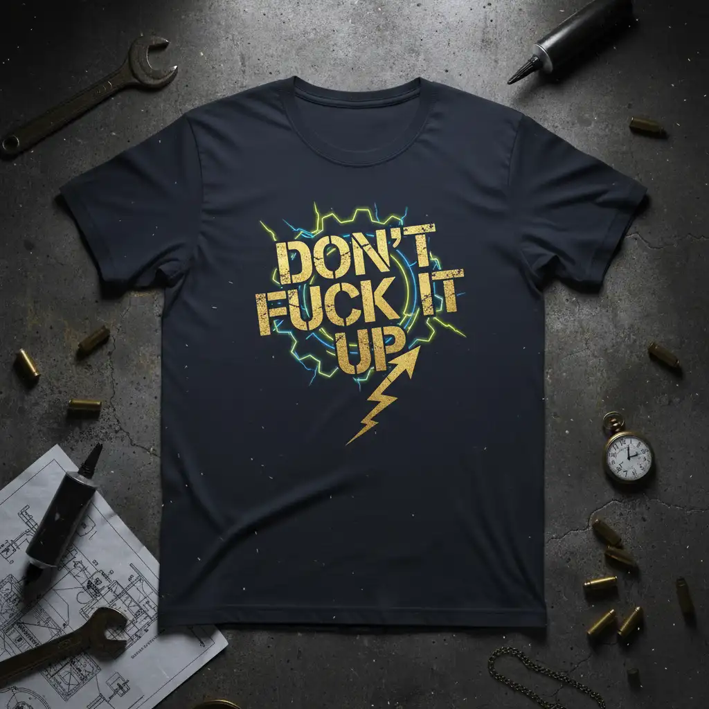 DON'T FUCK IT UP bold gold lettering with electric graphic on t-shirt