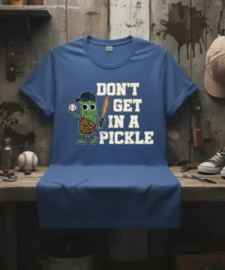 Don't Get In A Pickle T-Shirt with cartoon pickle in baseball gear and distressed text