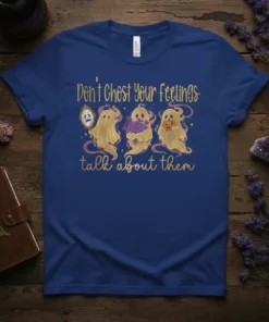Ghost graphic t-shirt with text "Don't Ghost Your Feelings talk about them" in gold font, featuring cute ghosts and a