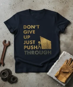 Dark navy t-shirt with gold distressed text "DON'T GIVE UP JUST PUSH THROUGH" and a stick figure pushing a rock