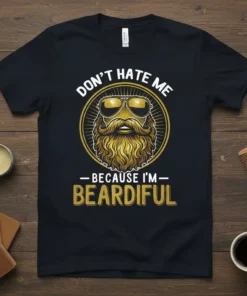 Don't Hate Me Because I'm Beardiful t-shirt design featuring a man with a golden beard and sunglasses