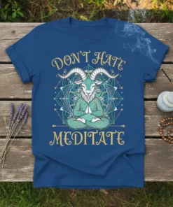 Don't Hate Meditate t-shirt with a goat meditating in a mandala design