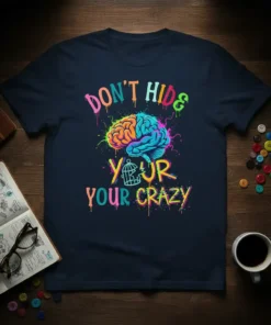 T-shirt with colorful text "DON'T HIDE & YOUR CRAZY" and a split brain graphic, symbolizing mental health awareness and self-expression