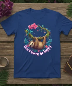 Sloth hanging from a branch with pink flowers and green leaves, text reads "Don't hurry be happy" on a blue