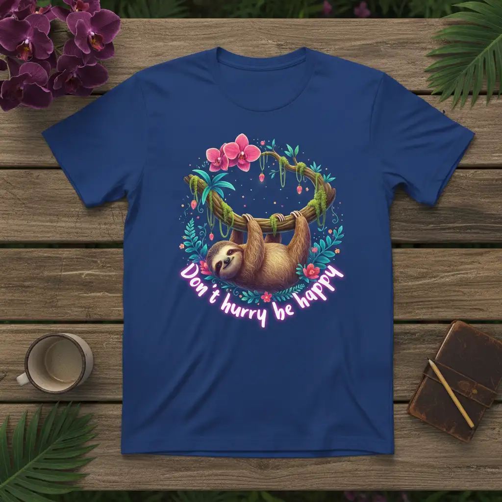 Don't hurry be happy quote on a t-shirt with a cute sloth hanging from a branch